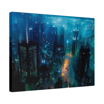 Blue-toned aerial view of a neon-lit city at night with tall skyscrapers and misty streets.