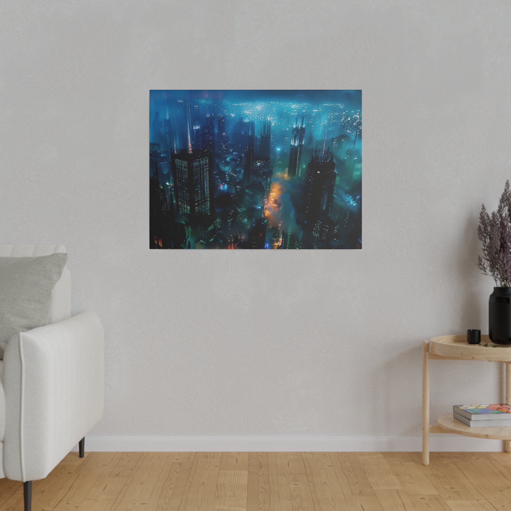 Canvas wall art depicting a neon-lit city skyline at night with blue, teal, and orange lights.
