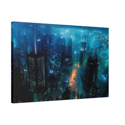 Panel showing a blue-lit nighttime city skyline with tall skyscrapers and glowing windows.
