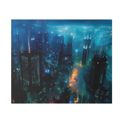 Nighttime aerial view of a neon-lit city with tall skyscrapers, blue-teal lights, and fog drifting between buildings.