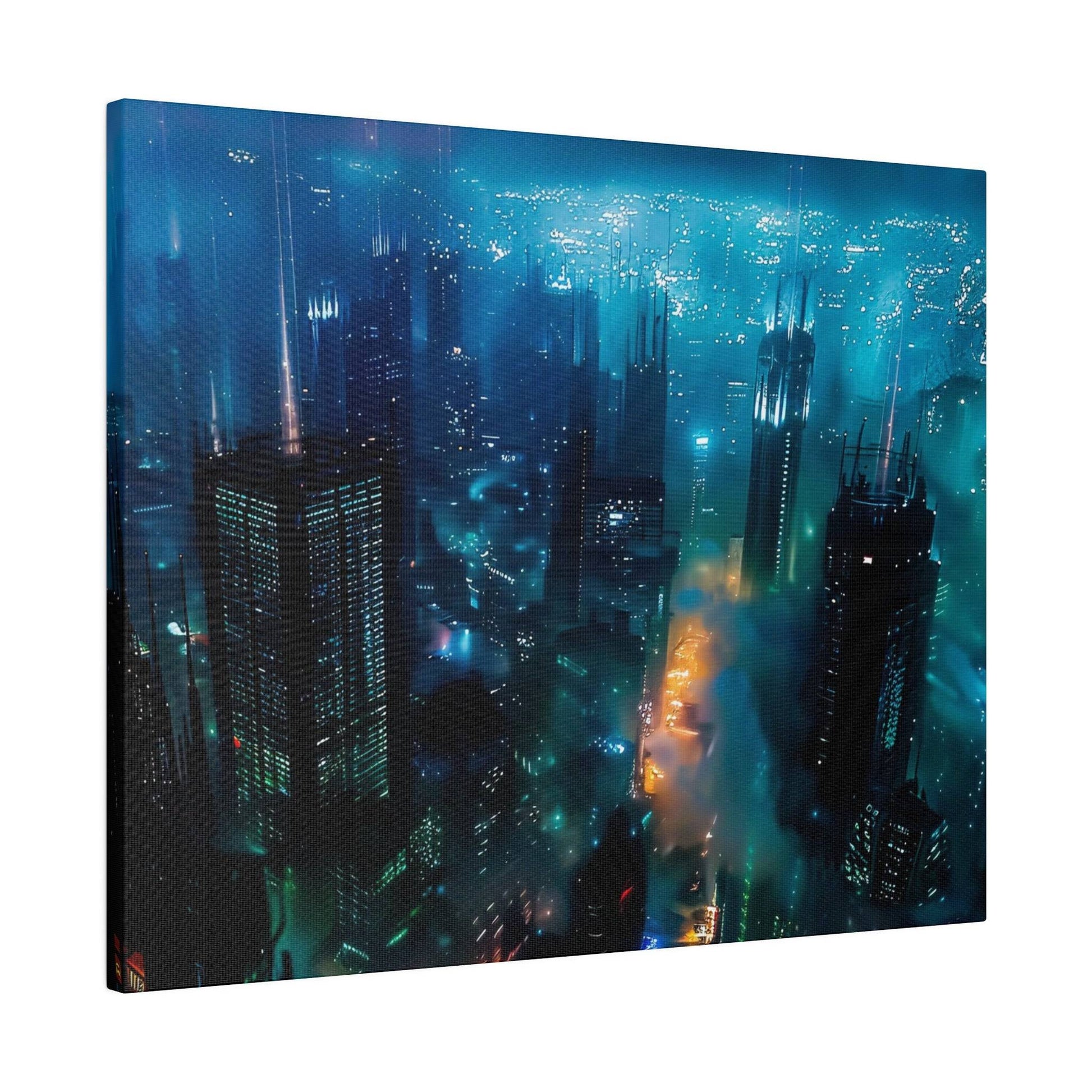Aerial view of a futuristic blue-lit city at night with tall skyscrapers and glowing neon streets.