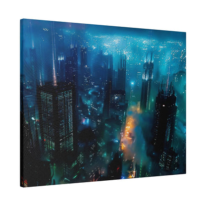 Aerial view of a futuristic blue-lit city at night with tall skyscrapers and glowing neon streets.