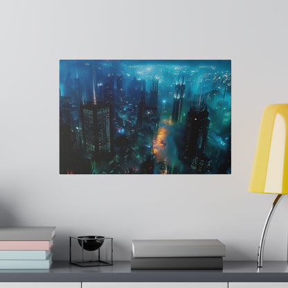 Blue-toned city skyline print mounted on a light gray wall above a shelf.
