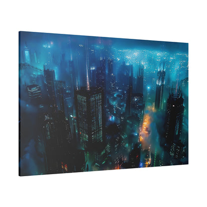 Aerial night cityscape with blue-lit skyscrapers, fog, and glowing streetlights.