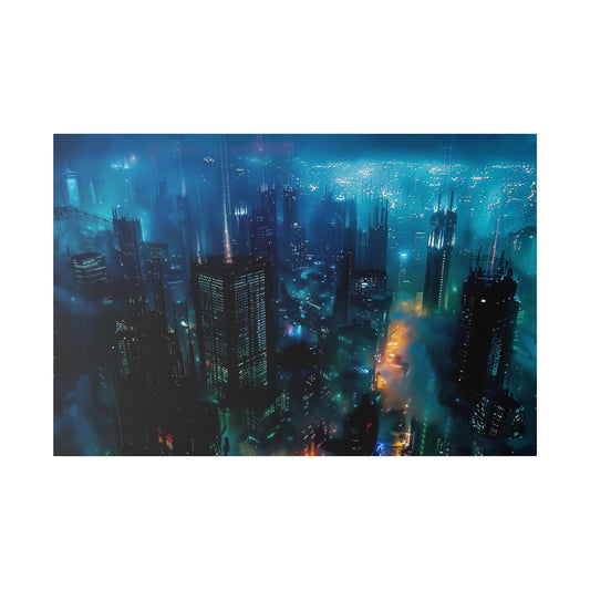 Aerial view of a neon-lit cityscape at night with tall skyscrapers, blue and teal fog, and bright street lights.