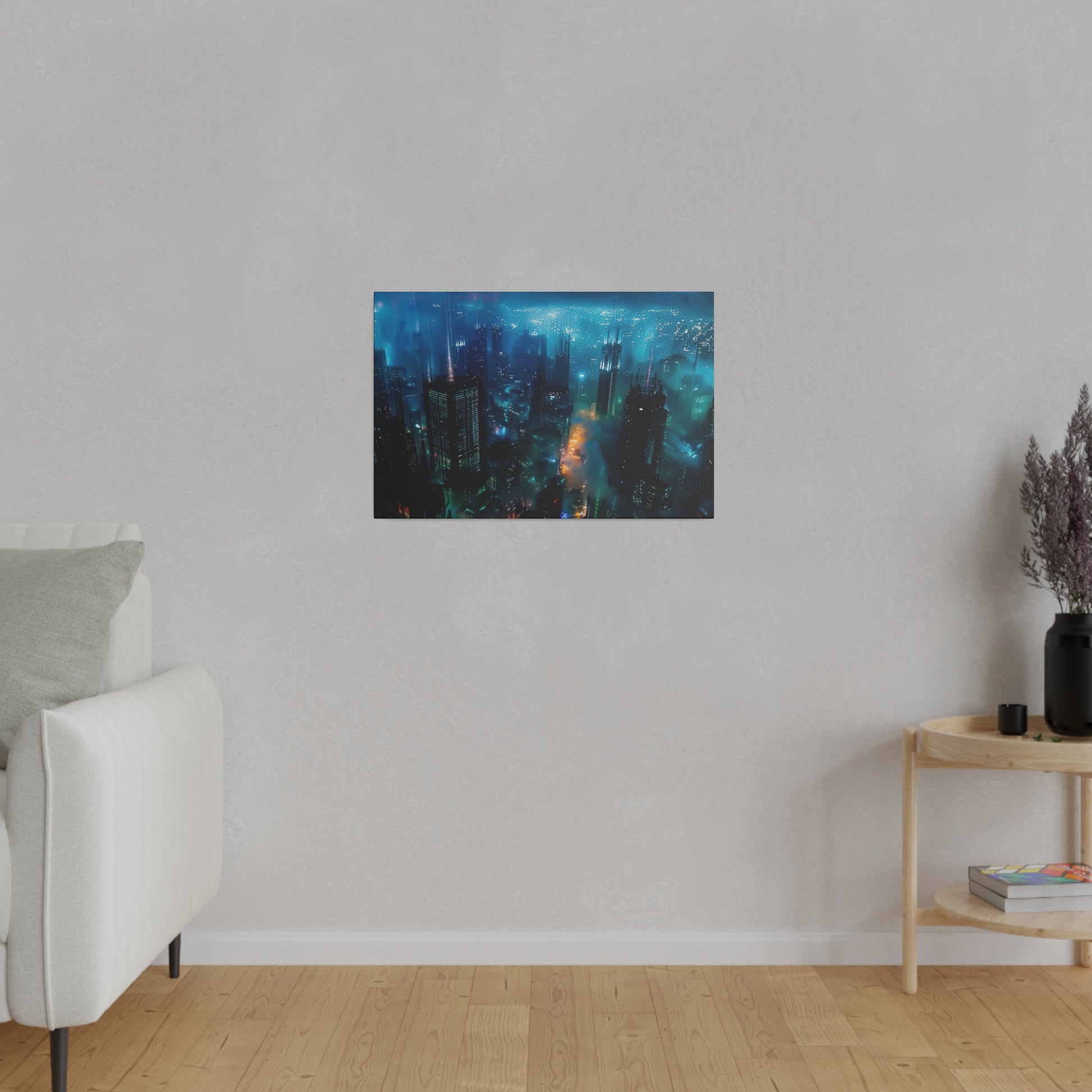 Framed cityscape print in blue and teal tones, hung on a light gray wall above a wooden floor.