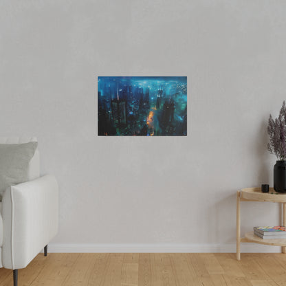 Framed cityscape print in blue and teal tones, hung on a light gray wall above a wooden floor.