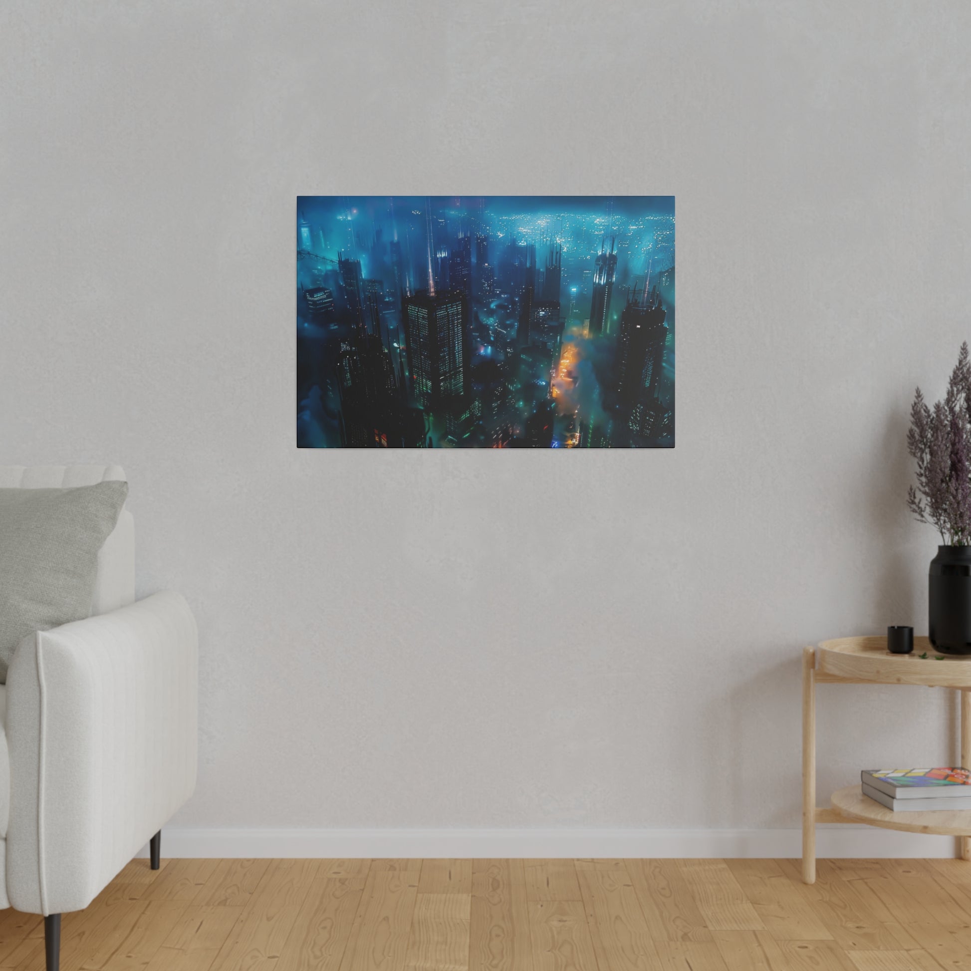 Framed cityscape artwork in blue and teal tones hangs on a light gray wall above a wooden floor in a modern living room.