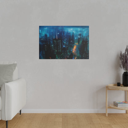 Framed cityscape artwork in blue and teal tones hangs on a light gray wall above a wooden floor in a modern living room.
