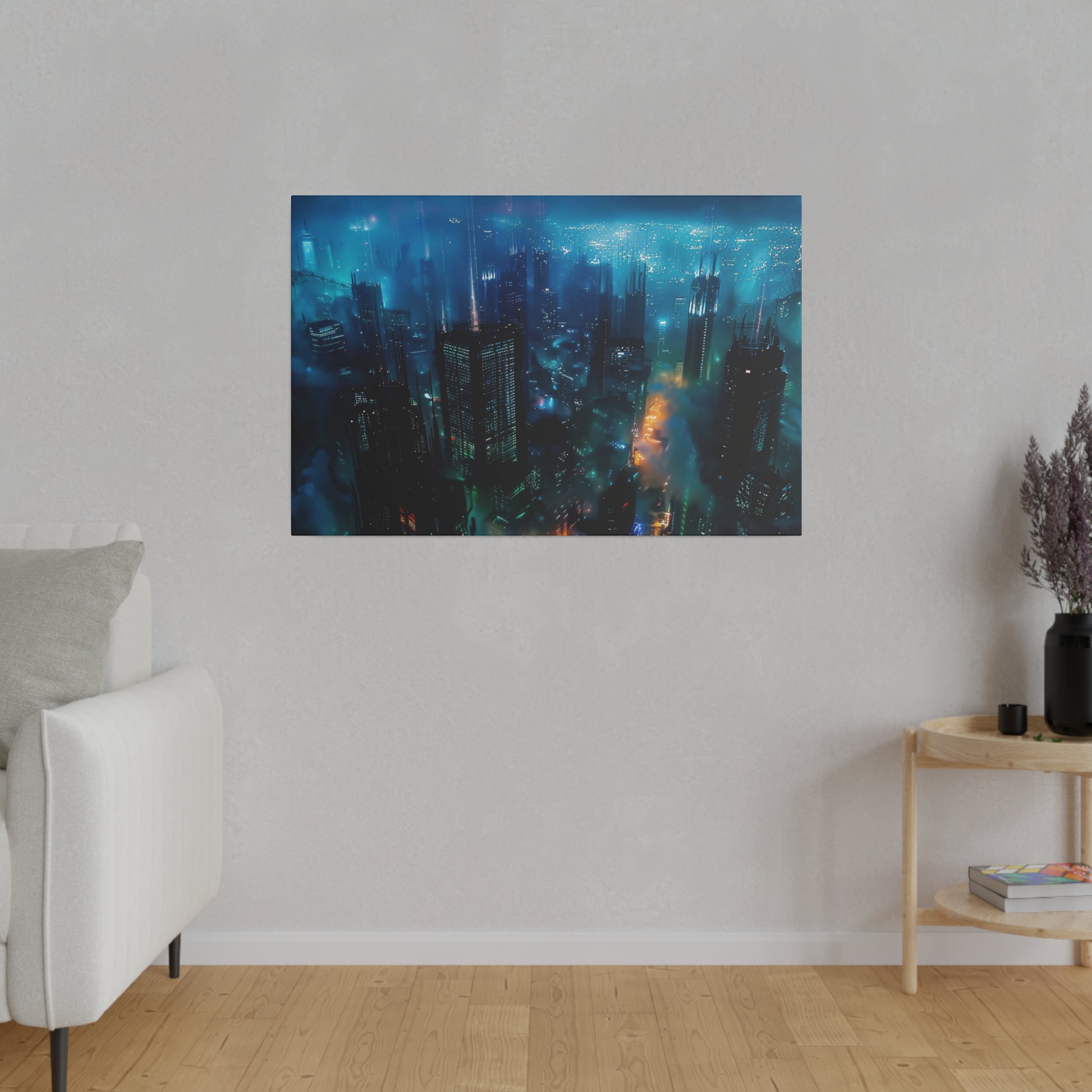 Framed cityscape print of a night skyline with blue neon lights, mounted on a light gray wall in a living room.