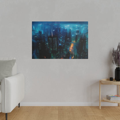 Framed cityscape print of a night skyline with blue neon lights, mounted on a light gray wall in a living room.