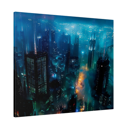 Aerial night view of a neon-lit city with tall glass skyscrapers, blue hues, and hazy fog.