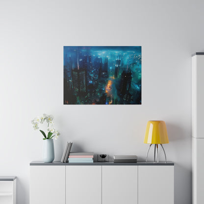 A blue nighttime cityscape artwork hangs above a white sideboard; a yellow lamp, stacked books, and a vase of white orchids sit on the