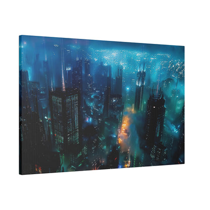 Aerial view of a neon blue city at night with tall skyscrapers, glowing lights, and fog.