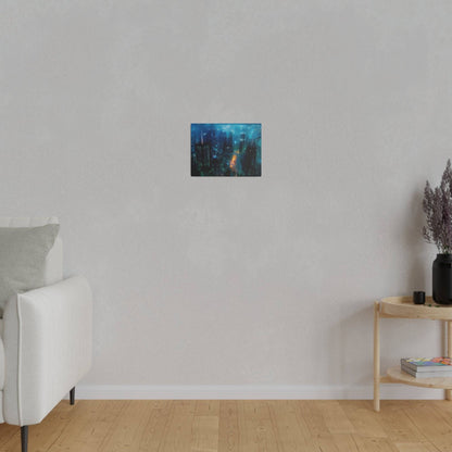Small rectangular painting of a blue-toned city skyline hangs on a pale gray wall above a wooden floor.