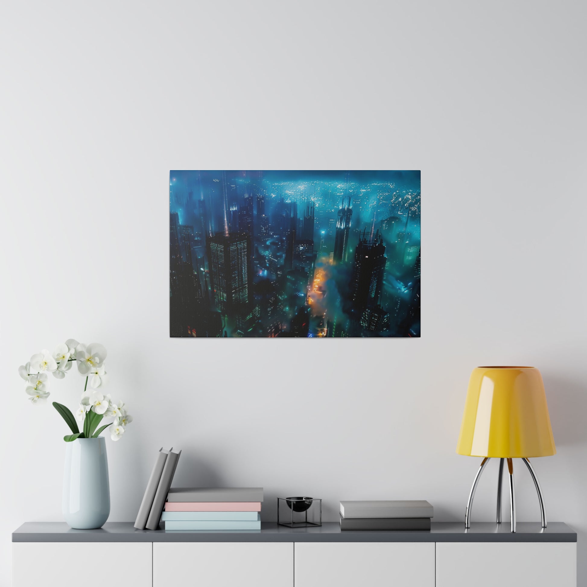 Canvas wall art showing a neon-lit nighttime cityscape with tall skyscrapers and blue-green lights.