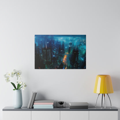 Canvas wall art showing a neon-lit nighttime cityscape with tall skyscrapers and blue-green lights.