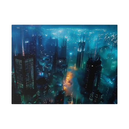 Aerial view of a neon-lit city skyline at night with tall skyscrapers and blue-green fog.