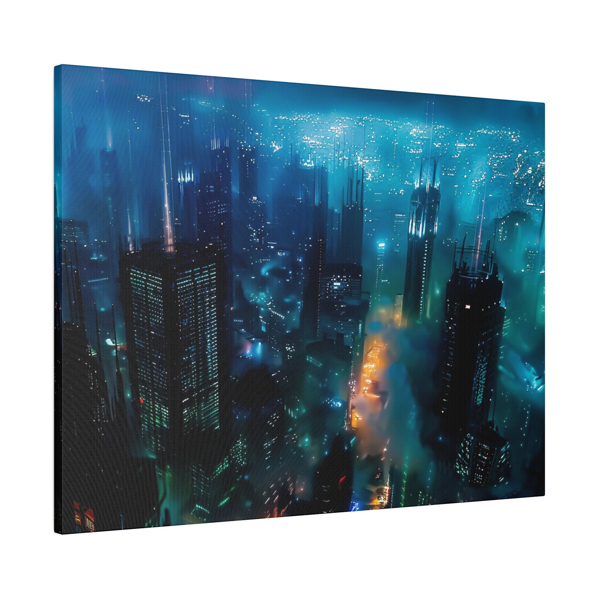 Aerial night view of a neon-lit city with tall blue skyscrapers and glowing streets.