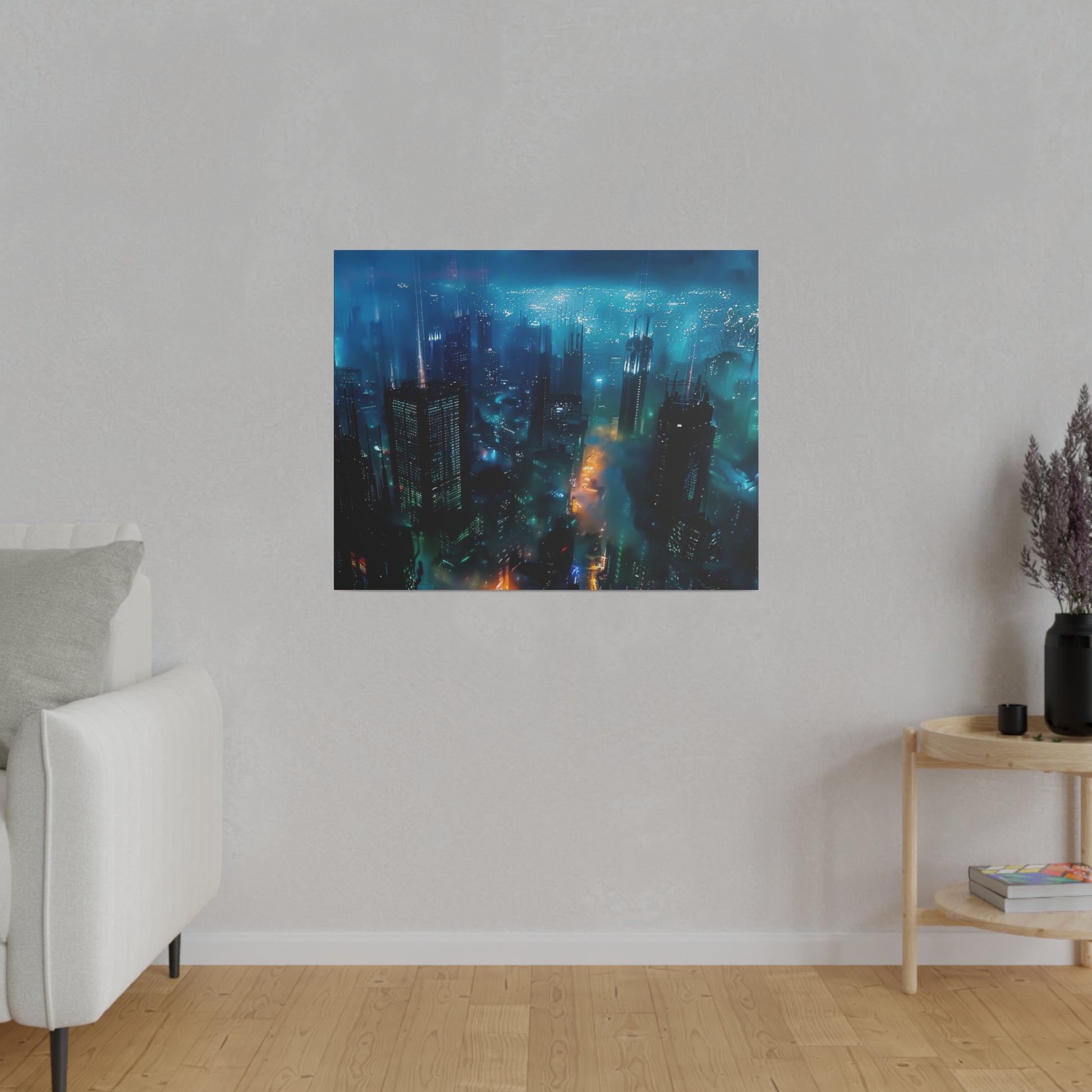 Square canvas showing a blue, neon-lit city skyline at night, mounted on a light gray wall in a living room.