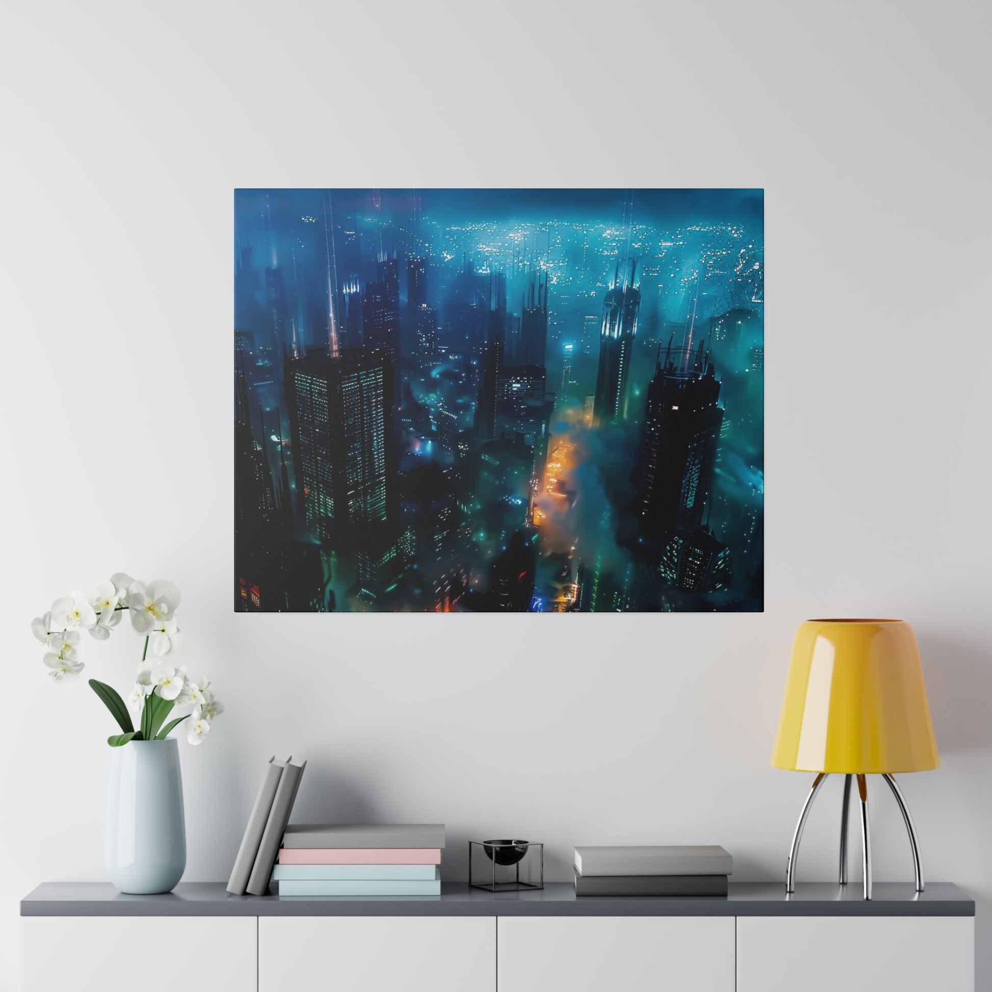 Aerial night city view with blue neon-lit skyscrapers and misty streets below.