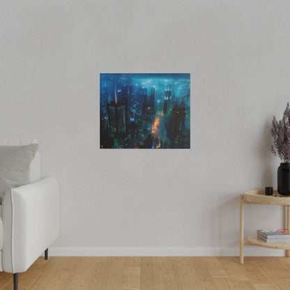 Square wall art depicting a neon-lit cityscape at night, blue and teal tones, hung on a light gray wall.