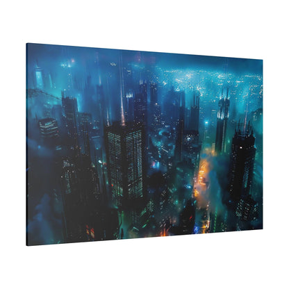 Night cityscape of a dense futuristic skyline with illuminated blue and teal skyscrapers and misty fog.