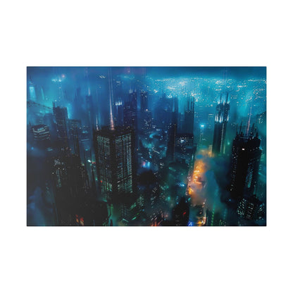 Aerial night cityscape with numerous blue-lit skyscrapers, foggy streets, and neon reflections.