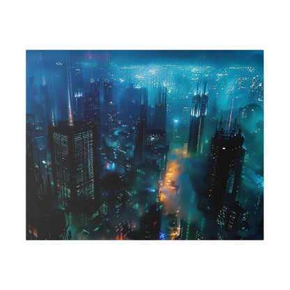Aerial night view of a futuristic city skyline with tall skyscrapers, blue neon lights, and fog.