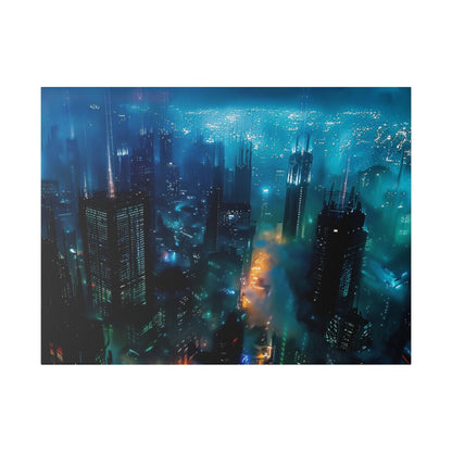 Aerial night view of a neon-lit city skyline with tall skyscrapers, blue/teal fog, and orange light trails.