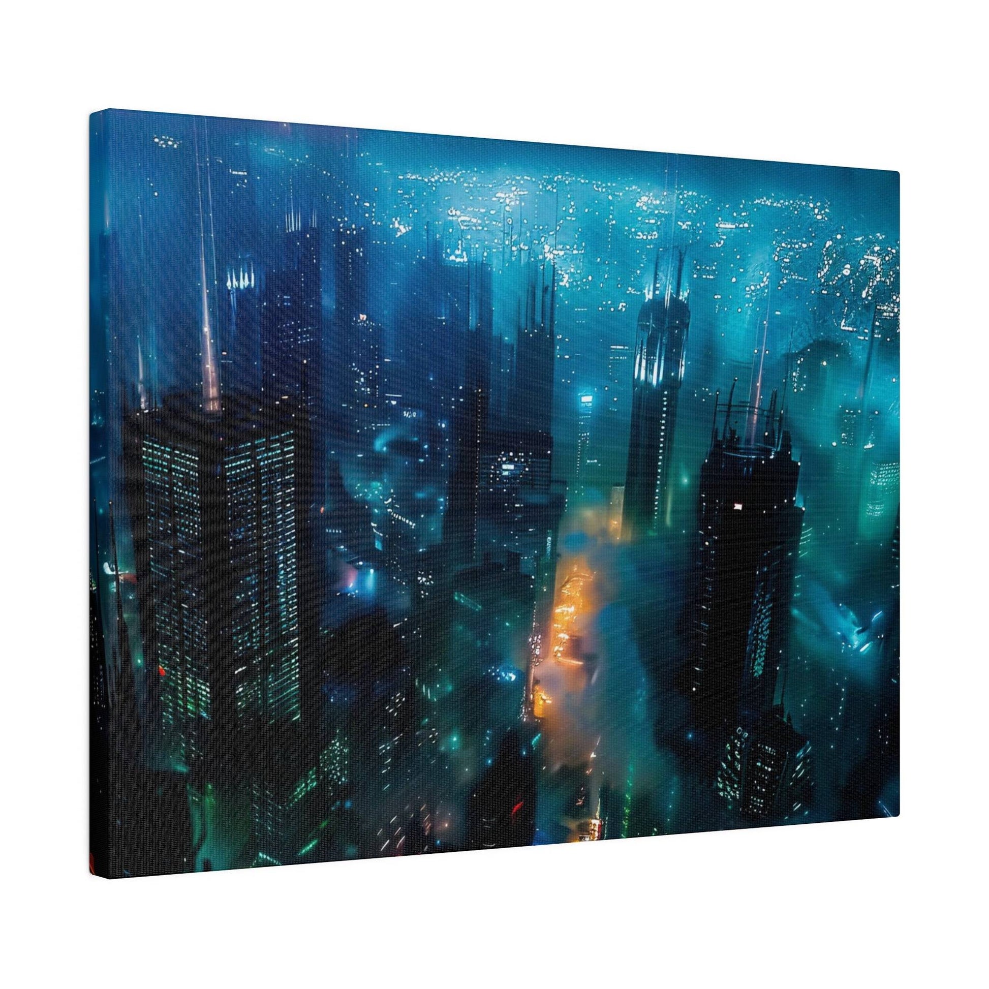 Aerial view of a futuristic city skyline at night, with tall blue-green skyscrapers and glowing neon lights.