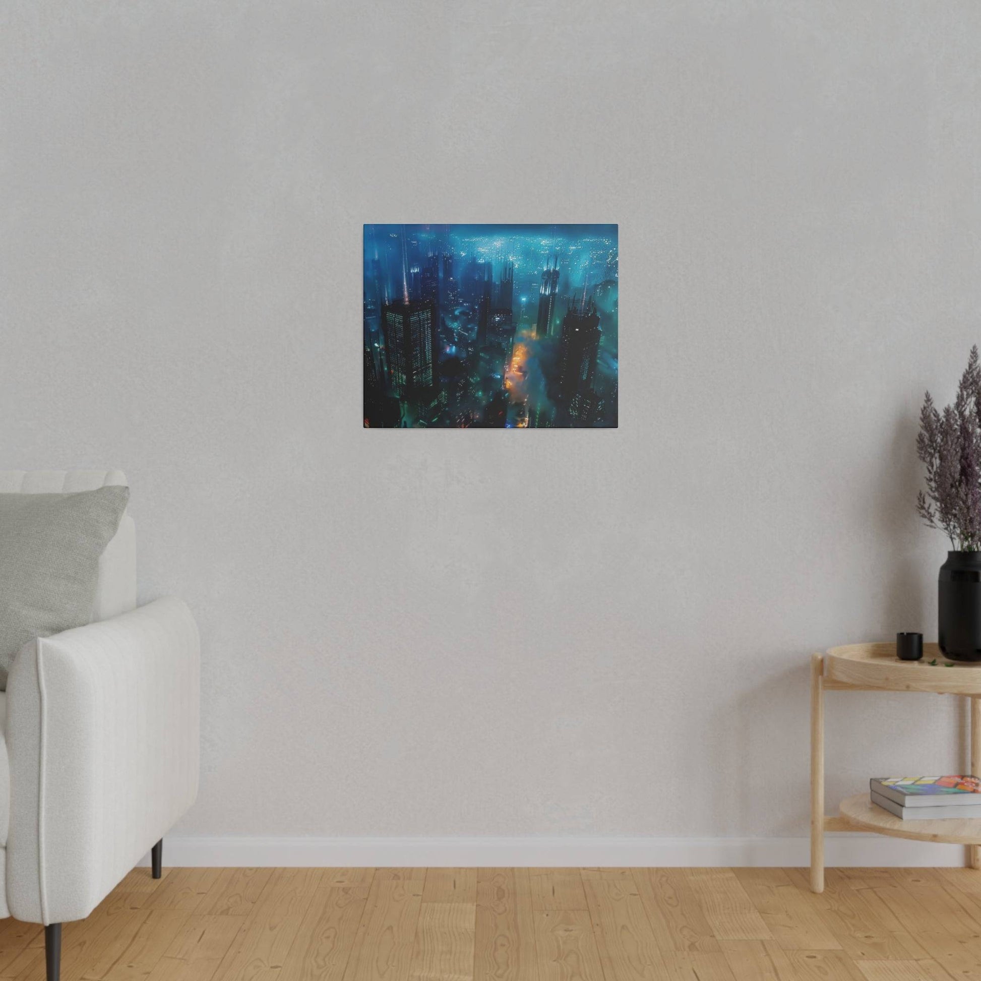 Small rectangular wall art showing a blue, neon-lit city skyline seen from above, mounted on a light gray wall in a living room.