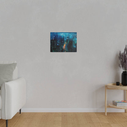 Small rectangular cityscape painting in blue and teal tones hangs on a light gray wall above a white sofa.