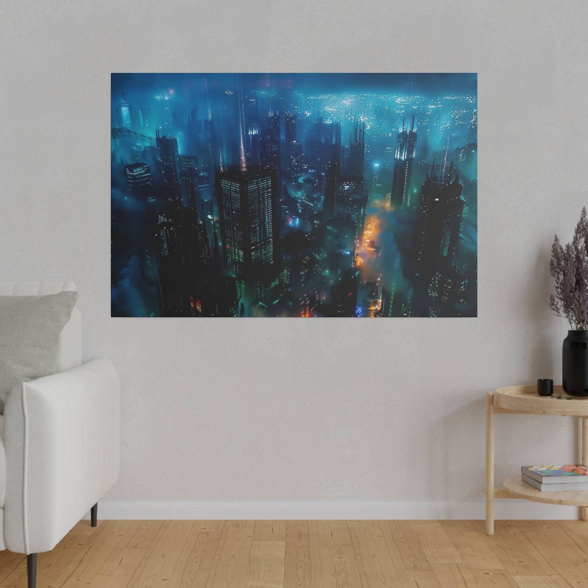 Poster of a neon blue city skyline at night, tall skyscrapers with blue fog and orange-lit streets.