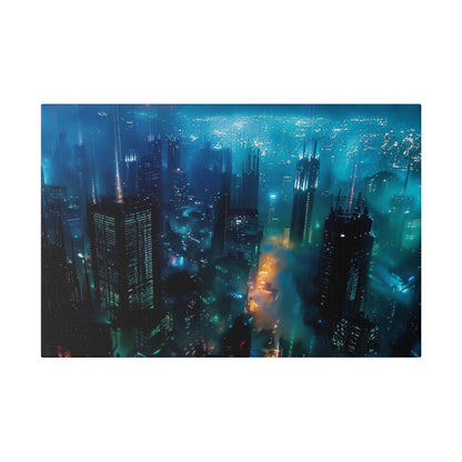 Aerial night view of a neon blue city skyline with tall skyscrapers and teal fog.