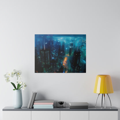 Blue-toned cityscape wall art mounted above a console table with a pale vase of white orchids, books, and a yellow lamp.