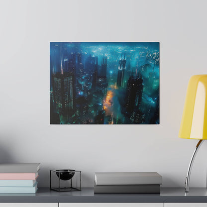 Canvas print of a blue-green aerial cityscape with tall skyscrapers and misty lights.