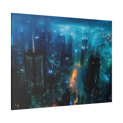 Aerial night view of a futuristic city with tall blue-green glass skyscrapers, fog between buildings, and glowing lights.