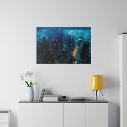 Aerial view of a glowing blue city skyline at night, hanging on a white wall above a sideboard.