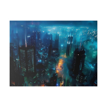 Aerial night cityscape featuring tall dark skyscrapers bathed in blue and teal lights with glowing orange street illumination.