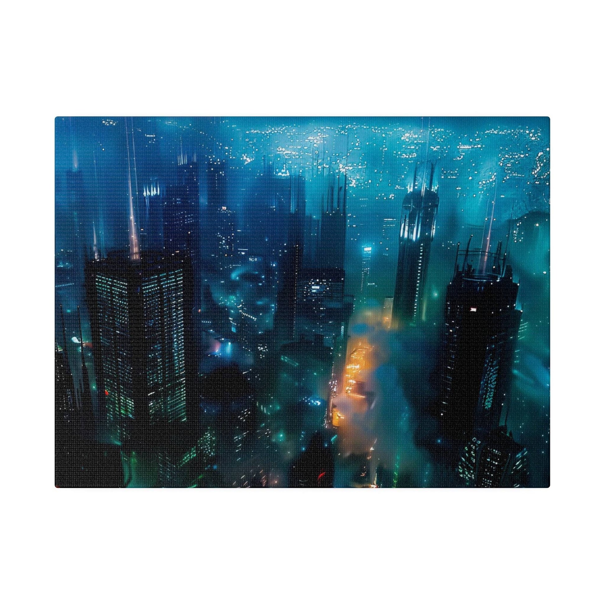 Aerial view of a nighttime city skyline with tall dark skyscrapers glowing blue and teal, and orange fire plumes in the center.