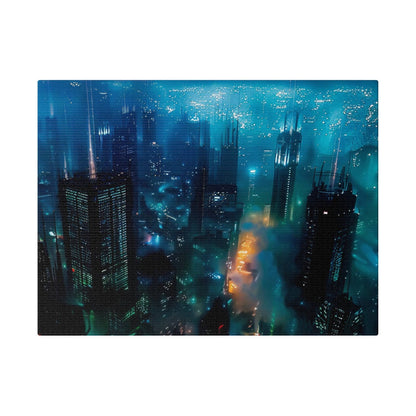 Aerial view of a nighttime city skyline with tall dark skyscrapers glowing blue and teal, and orange fire plumes in the center.