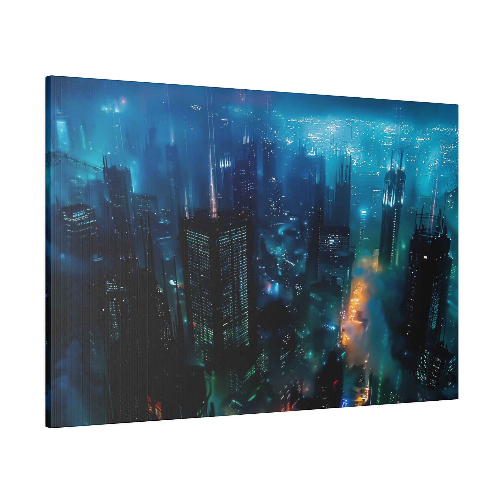 Large blue-toned cityscape canvas showing a glowing futuristic skyline with tall skyscrapers and misty neon lights.
