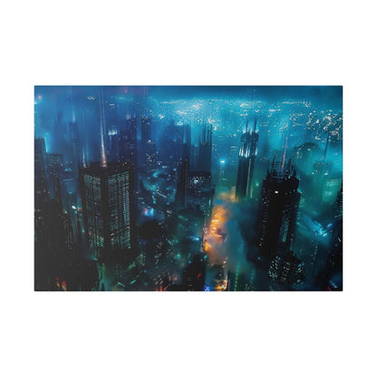 Aerial night view of a neon-lit city with tall skyscrapers, blue and teal lights, and fog between buildings.