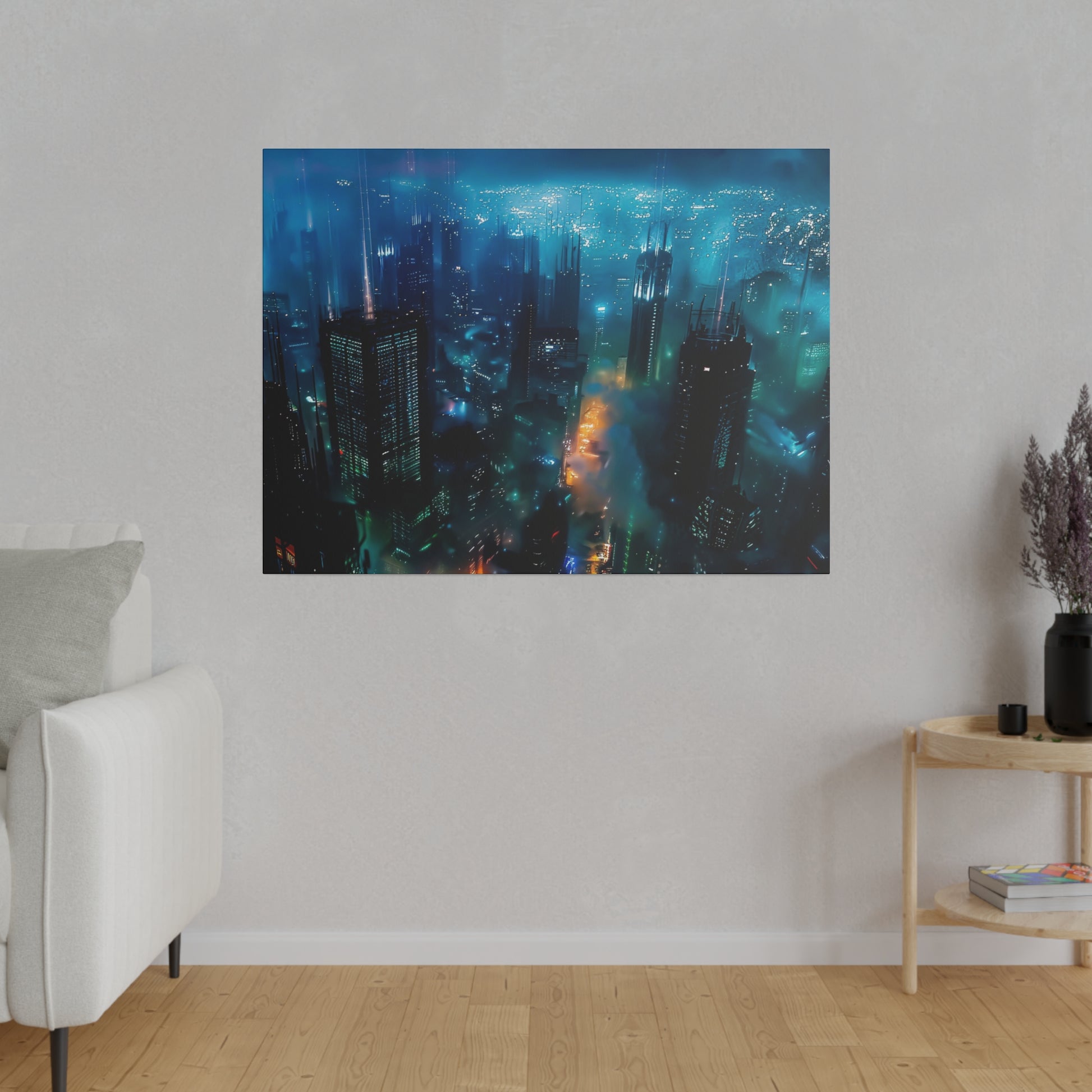 Canvas wall art of a neon blue city skyline at night, with tall skyscrapers and fog, hung on a light gray living room wall.