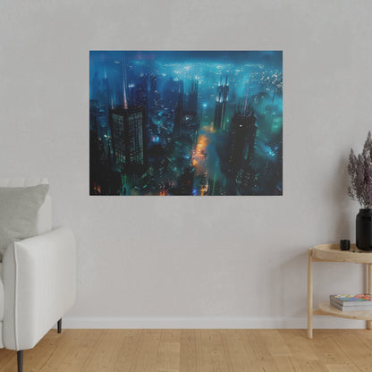 Canvas wall art of a neon blue city skyline at night, with tall skyscrapers and fog, hung on a light gray living room wall.