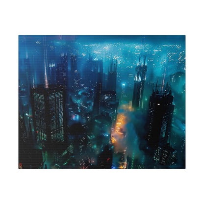 Aerial night view of a neon-blue cityscape with tall skyscrapers, illuminated windows, and fog.