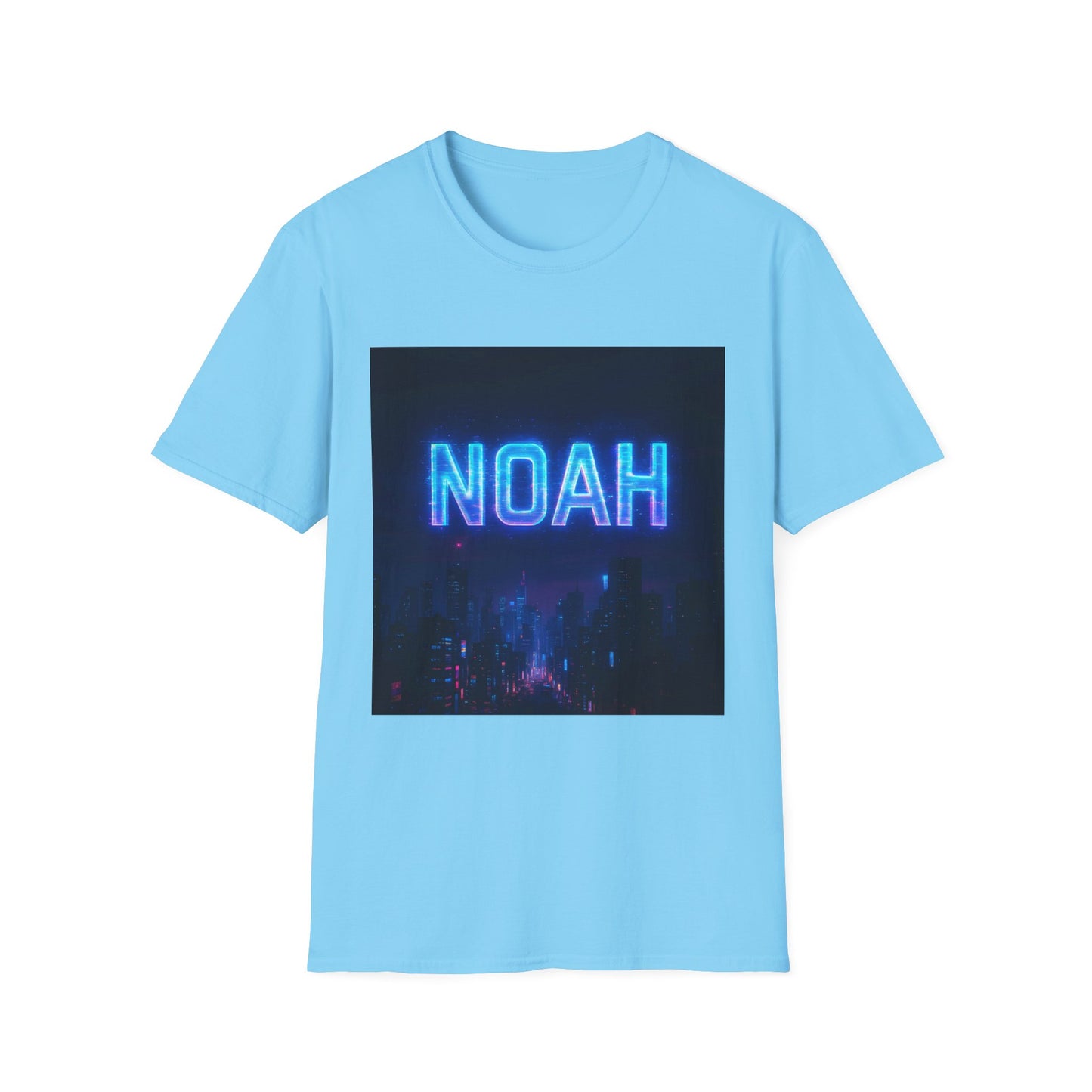 Light blue T-shirt featuring a square graphic of a neon blue NOAH sign above a dark city skyline.