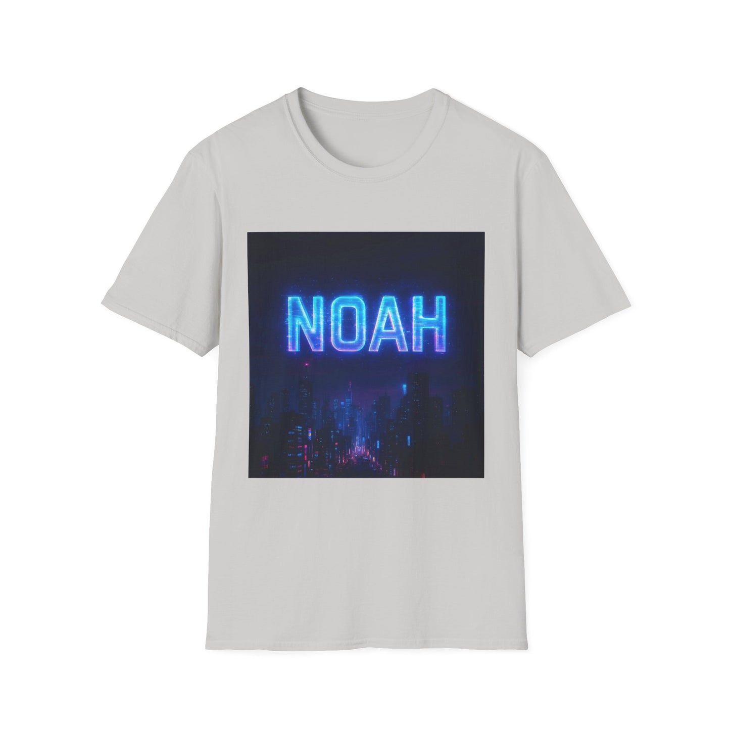Light gray t-shirt with a square graphic of neon blue 'NOAH' lettering over a dark city skyline.