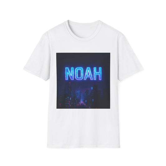 White short-sleeve t-shirt featuring a square graphic of blue neon “NOAH” over a dark city skyline.